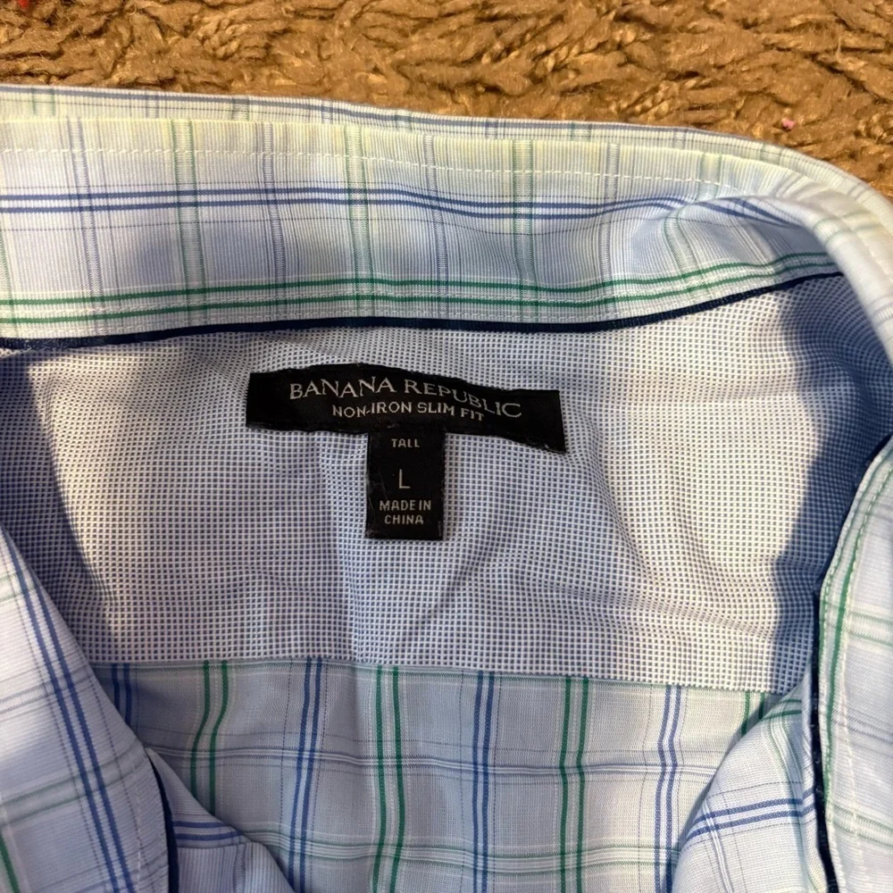 Banana Republic Men's Light Blue Green Plaid Shirt Large Tall Non Iron Slim Fit